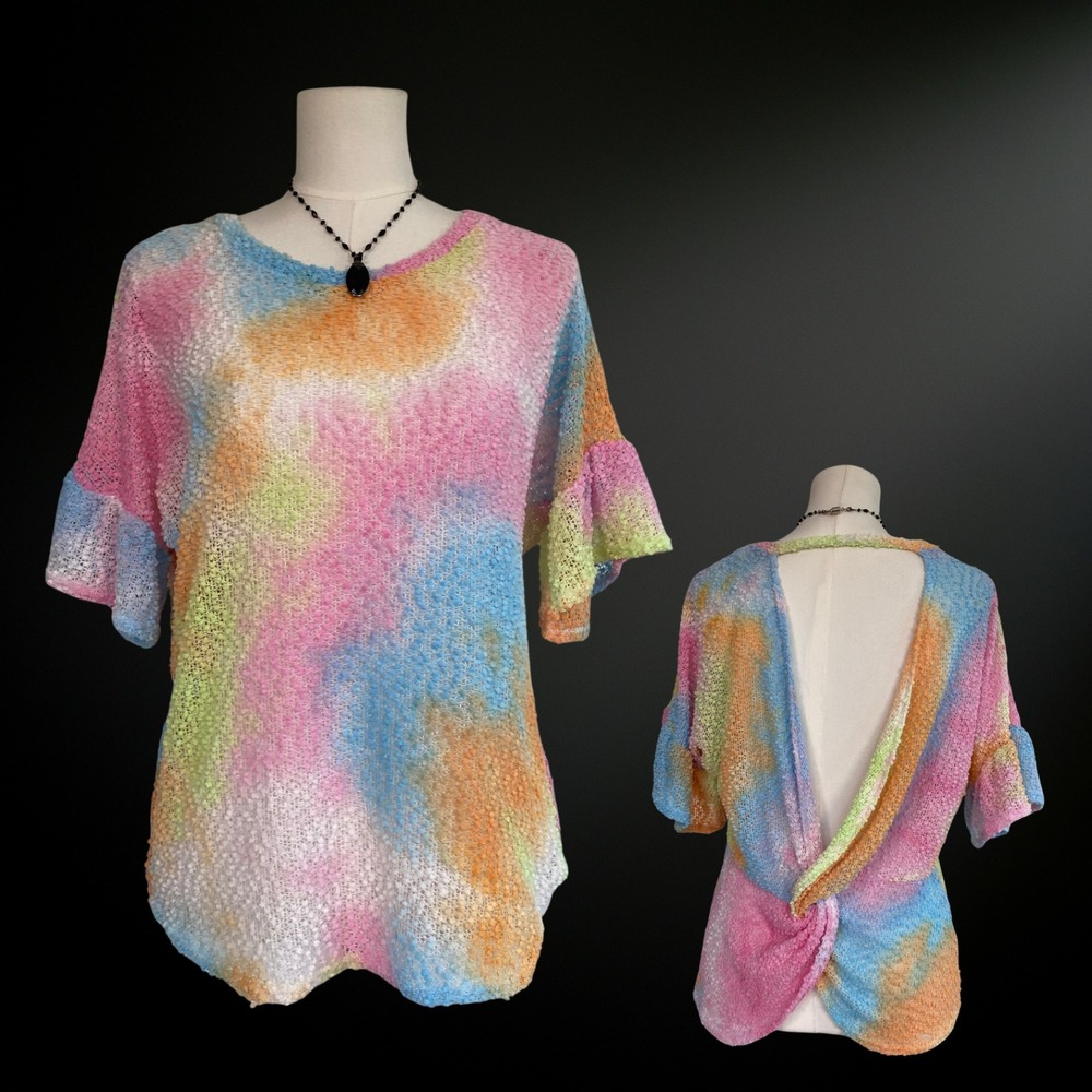 Vintage 7th Ray Womens Y2K Popcorn Knit Top Size M Festival Open Back Rainbow